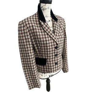 Vintage Wool Tweed Plaid Blazer Velvet Trim Cropped Structured Jacket M